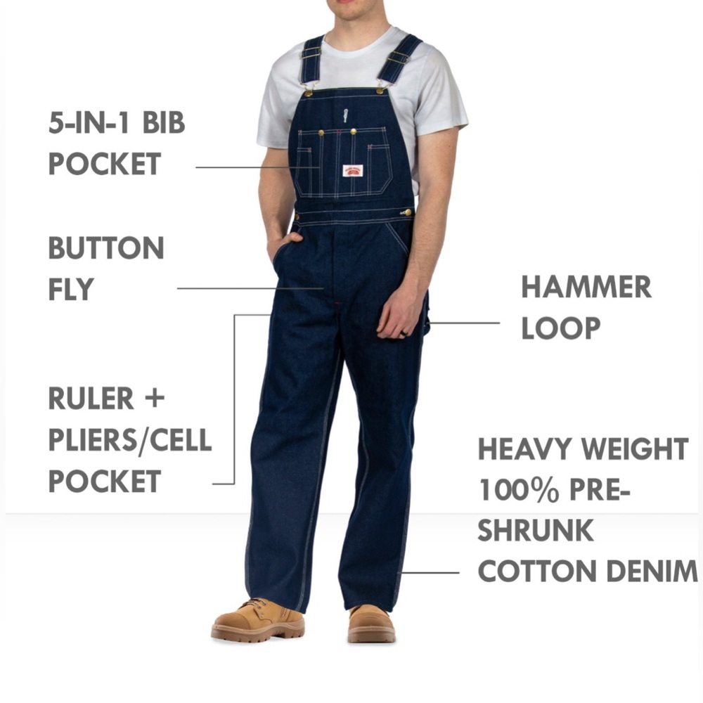 NEW Round House Denim Bib Overalls Men’s Size 50x34 100% Cotton Made in USA